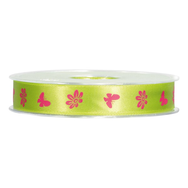 Geschenkband „Springtime“ Grün/Pink, 15mm x 25m