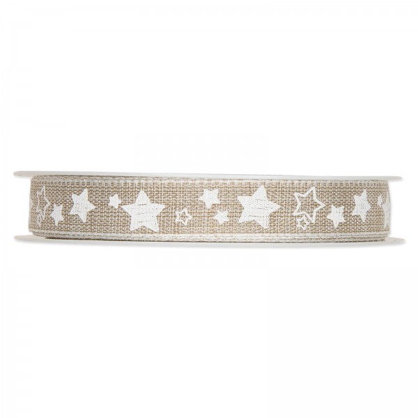 Geschenkband „Sternchen“ mit Leinenkante, Natur/Weiß 15mm x 15m