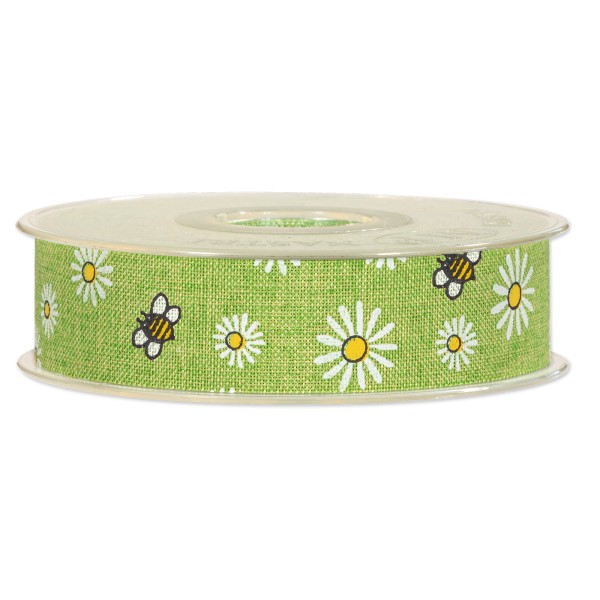 Geschenkband „Blumen + Bienen“ Grün, 25mm x 20m